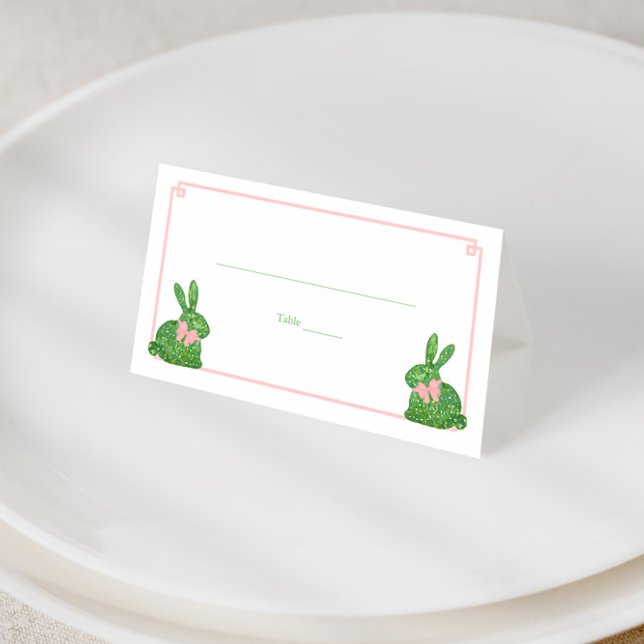 Preppy Pink Green Boxwood Rabbit Easter Brunch  Place Card (Preppy pink and green boxwood topiary bunny baby girl shower place cards or food tents)