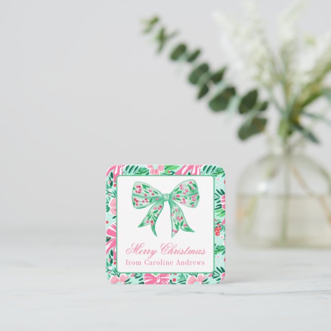 Preppy Pink & Green Christmas Bow Gift Enclosure Card (Standing Front)