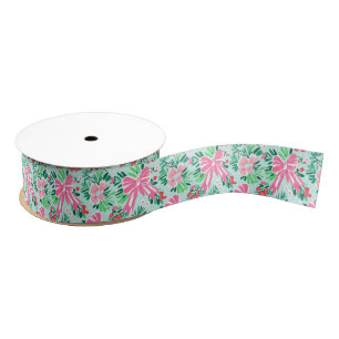 Preppy Pink & Green Christmas Bows & Garland Grosgrain Ribbon