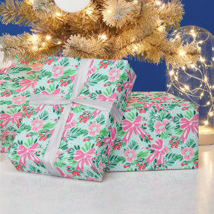 Preppy Pink & Green Christmas Bows & Garland Wrapping Paper