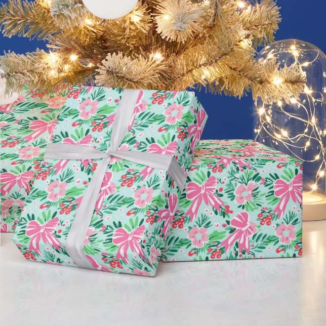 Preppy Pink & Green Christmas Bows & Garland Wrapping Paper (Holidays)