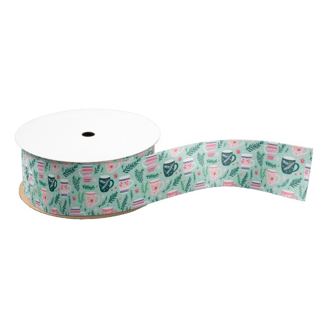 Preppy Pink & Green Christmas Mugs Grosgrain Ribbon (Spool)