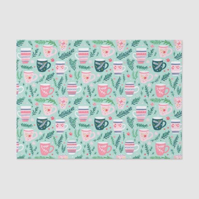 Preppy Pink & Green Christmas Mugs Tissue Paper (Front)