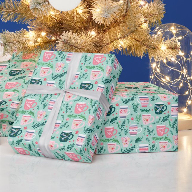 Preppy Pink & Green Christmas Mugs Wrapping Paper (Holidays)