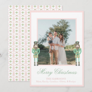 Preppy Pink Green Christmas Nutcracker 2 Photos  Holiday Card