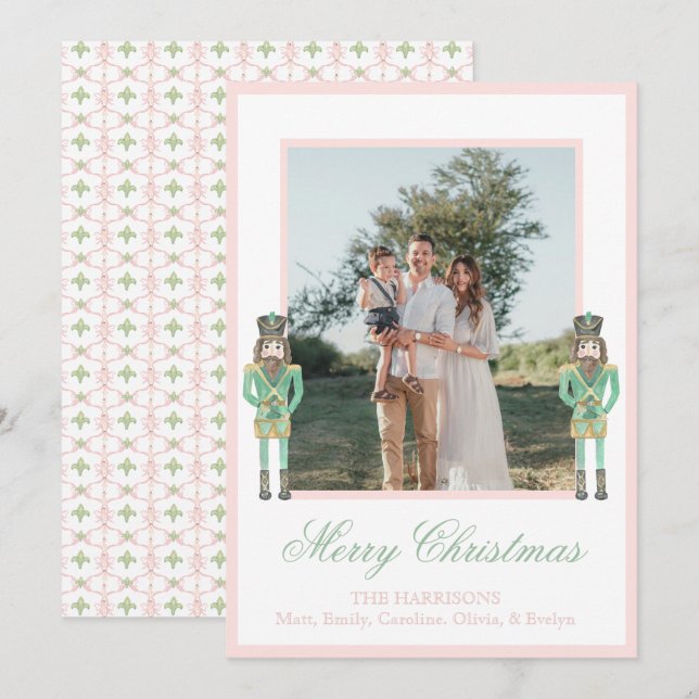 Preppy Pink Green Christmas Nutcracker 2 Photos  Holiday Card (Front/Back)
