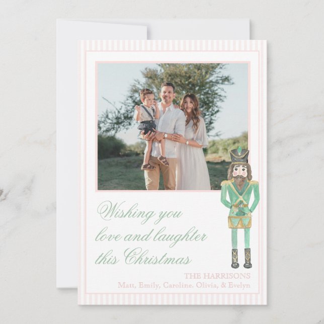 Preppy Pink Green Christmas Nutcracker One Photo  Holiday Card (Front)