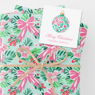 Preppy Pink & Green Christmas Ornament Enclosure Card