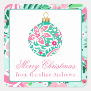 Preppy Pink & Green Christmas Ornament Gift Square Sticker