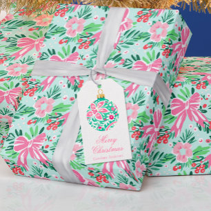 Preppy Pink & Green Christmas Ornament Gift Tags