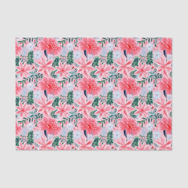 Preppy Pink & Green Christmas Poinsettias Tissue Paper (Front)