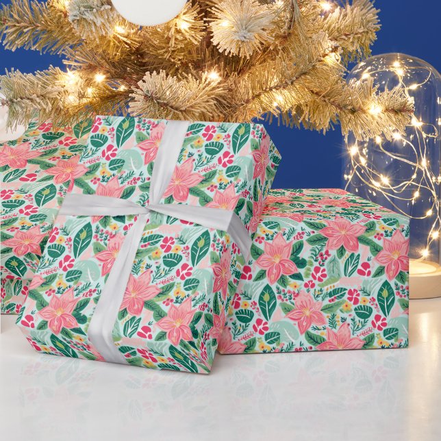 Preppy Pink & Green Christmas Poinsettias Wrapping Paper (Holidays)