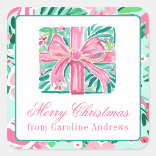 Preppy Pink & Green Christmas Present Gift Square Sticker
