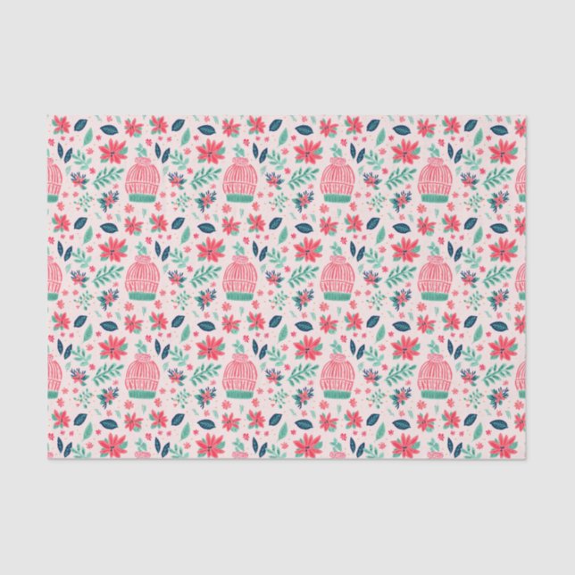Preppy Pink & Green Christmas Ski Caps Tissue Paper (Front)