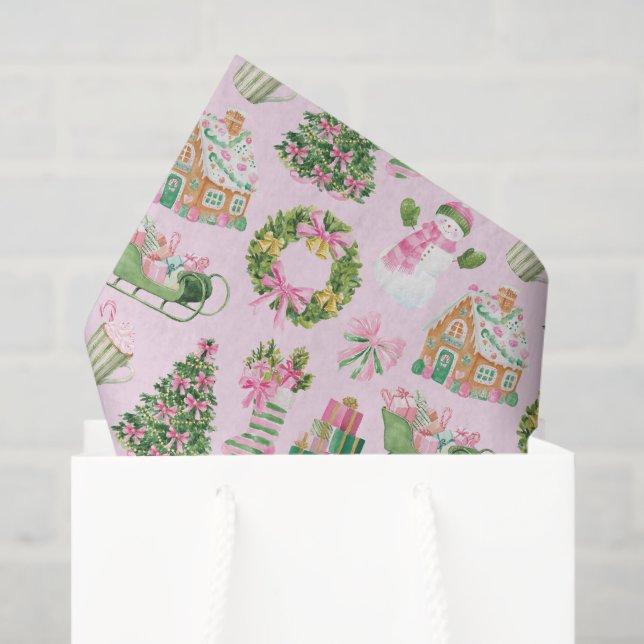 Preppy Pink & Green Christmas Tissue Paper (Gift Bag)
