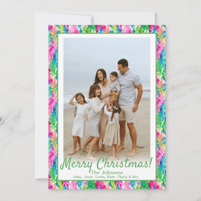 Preppy Pink & Green Christmas Tree Custom Photo Holiday Card (Front)