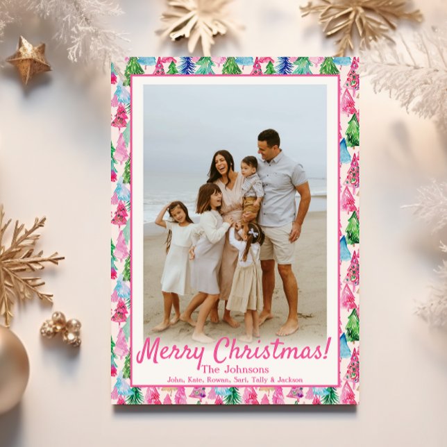 Preppy Pink & Green Christmas Tree Custom Photo Holiday Card (Creator Uploaded)