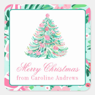 Preppy Pink & Green Christmas Tree Gift Square Sticker