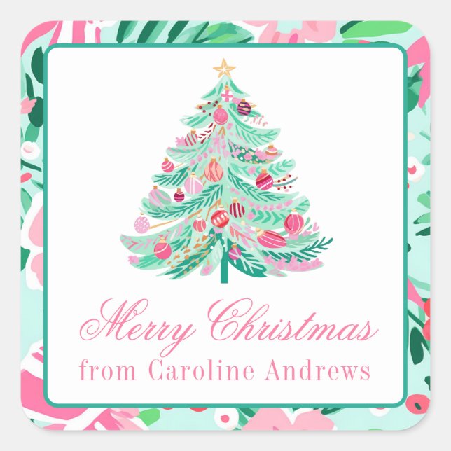 Preppy Pink & Green Christmas Tree Gift Square Sticker (Front)