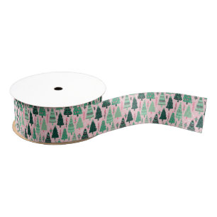 Preppy Pink & Green Christmas Trees Grosgrain Ribbon