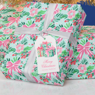 Preppy Pink & Green Christmas Wrapped Presents Gift Tags