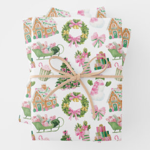 Preppy Pink & Green Christmas Wrapping Paper Sheet