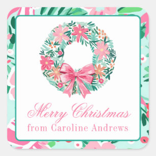 Preppy Pink & Green Christmas Wreath Gift Square Sticker