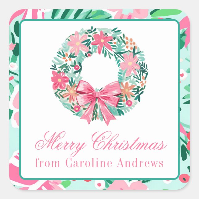 Preppy Pink & Green Christmas Wreath Gift Square Sticker (Front)
