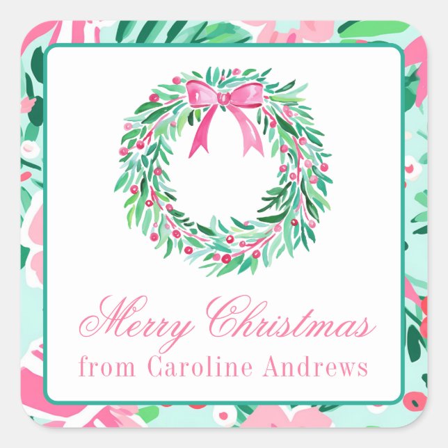 Preppy Pink & Green Christmas Wreath Gift Square Sticker (Front)