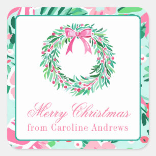 Preppy Pink & Green Christmas Wreath Gift Square Sticker