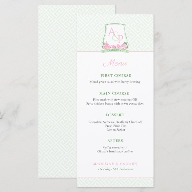 Preppy Pink Green Couples Crest Wedding Shower Menu (Front/Back)