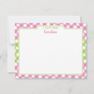 Preppy Pink Green Gingham Girly Stationery Card