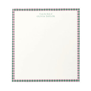 Preppy Pink Green Gingham Plaid Personalised Name Notepad