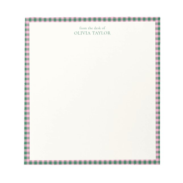 Preppy Pink Green Gingham Plaid Personalized Name Notepad (Front)