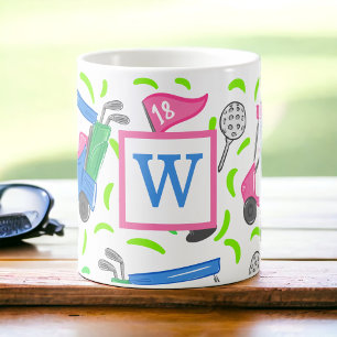 Preppy Pink Green Golf Cart Personalised Monogram Coffee Mug