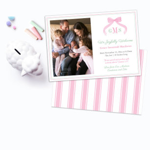 Preppy Pink Green Monogram Welcome Baby Girl Photo Announcement