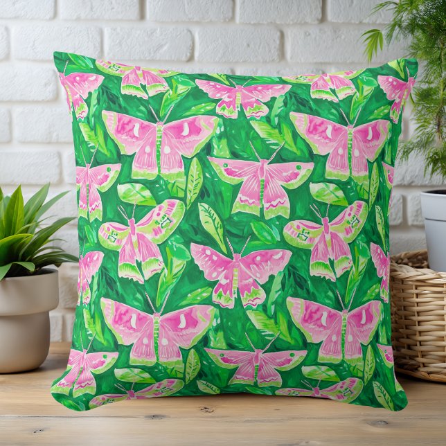 Preppy Pink & Green Moth Spring Summer Cushion (Creator Uploaded)