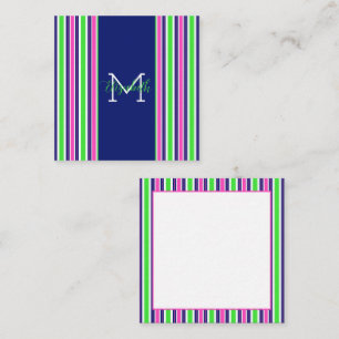 Preppy Pink Green Navy Blue Stripe Monogram Card