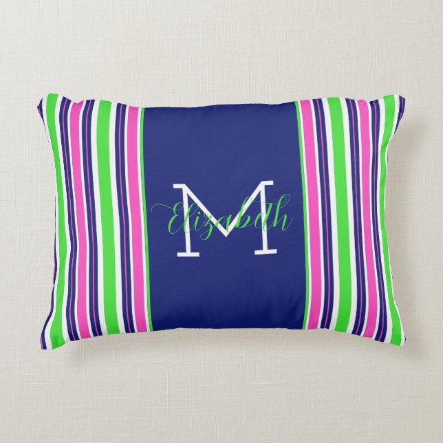 Preppy Pink Green Navy Blue Stripe Monogram Decorative Cushion (Front)