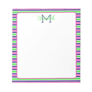 Preppy Pink Green Navy Blue Stripe Monogram Notepad