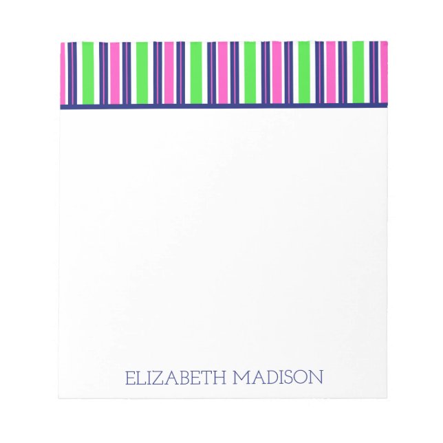 Preppy Pink Green Navy Blue Stripe Monogram Notepad (Front)