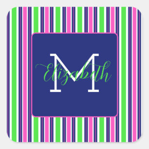 Preppy Pink Green Navy Blue Stripe Monogram Square Sticker