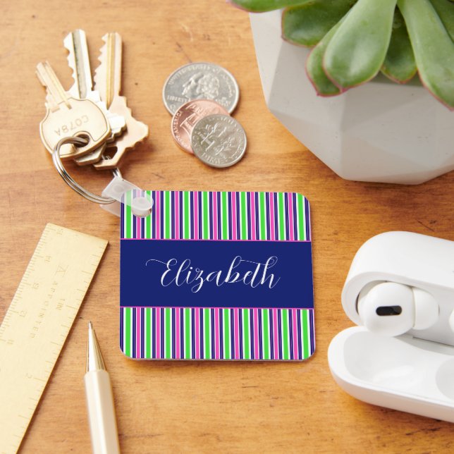 Preppy Pink Green Navy Blue Stripes Personalised Key Ring (Desk)