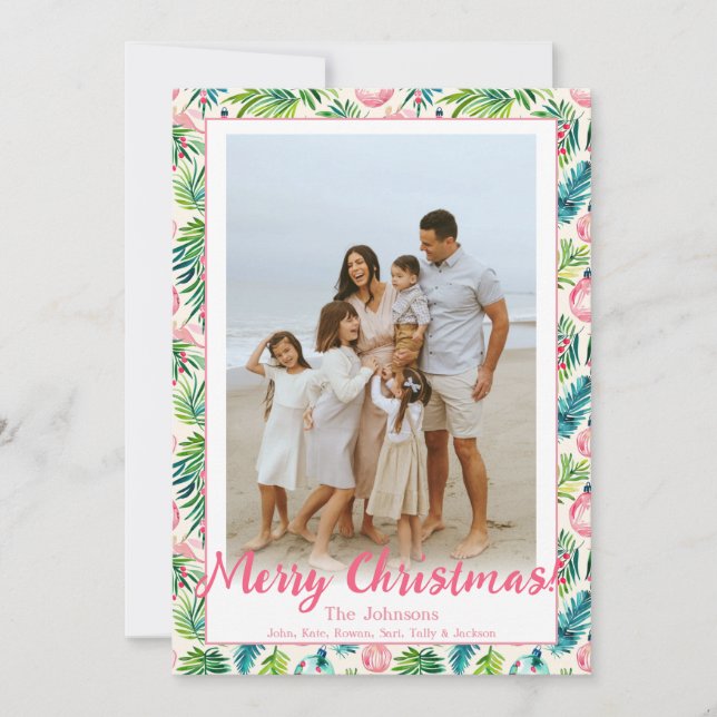 Preppy Pink & Green Ornaments Custom Photo Holiday Card (Front)