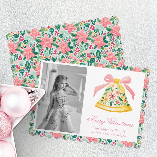 Preppy Pink & Green Palm Beach Christmas Bell Holiday Card (Creator Uploaded)