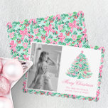Preppy Pink & Green Palm Beach Christmas Tree Holiday Card<br><div class="desc">PreppyPrint.com - Celebrate Christmas in style! Add your personalised touch to these Christmas cards. Transfer this design onto the products of your choice too! Click "remove from back of card" under "Logo & Independant Creator Mark" to remove the QR code from the back of the card. Please visit my designer...</div>