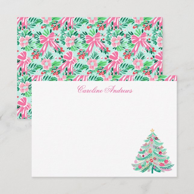 Preppy Pink & Green Palm Beach Christmas Tree Thank You Card (Front/Back)