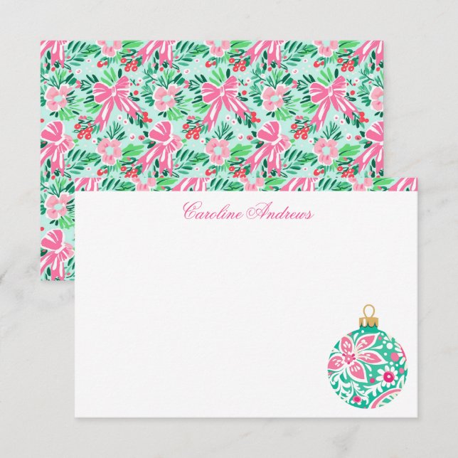Preppy Pink & Green Palm Beach Ornament Thank You Card (Front/Back)