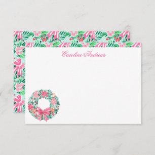 Preppy Pink & Green Palm Beach Wreath Thank You Card