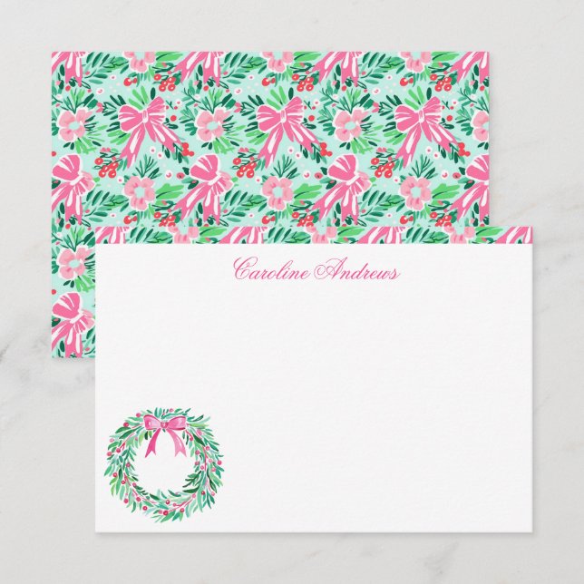 Preppy Pink & Green Palm Beach Wreath Thank You Card (Front/Back)